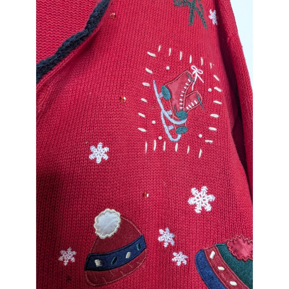 Vtg Granny Core Embroidered Cardigan Sweater Size Large Red Winter Chunky Knit - Picture 8 of 11